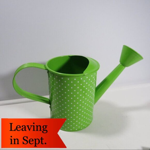 Lime Green Polka Dot Watering Can Metal Spring Decor Item - Picture 2 of 16
